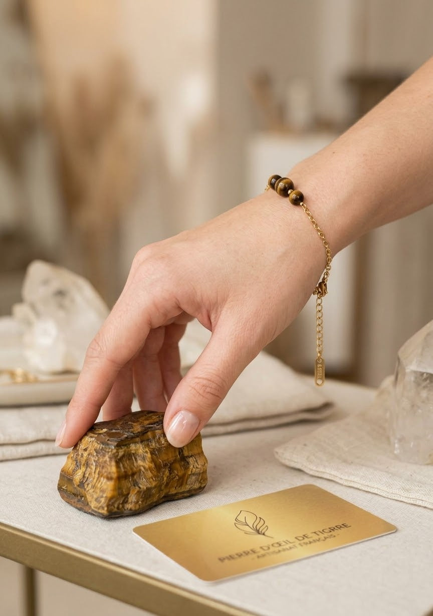 Parure œil de tigre dorée – Bracelet et boucles d’oreilles