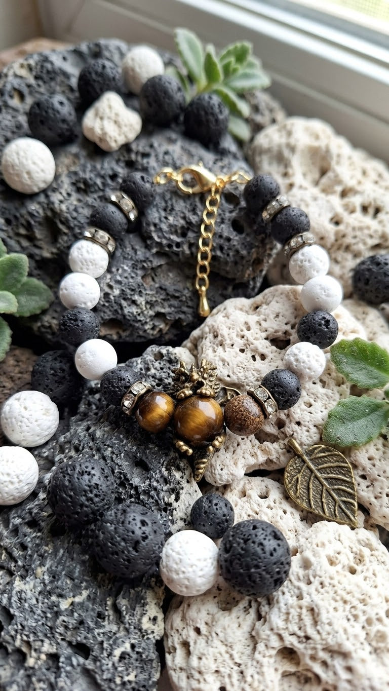 Bracelet réglable Dragon – Pierres de lave et œil de tigre