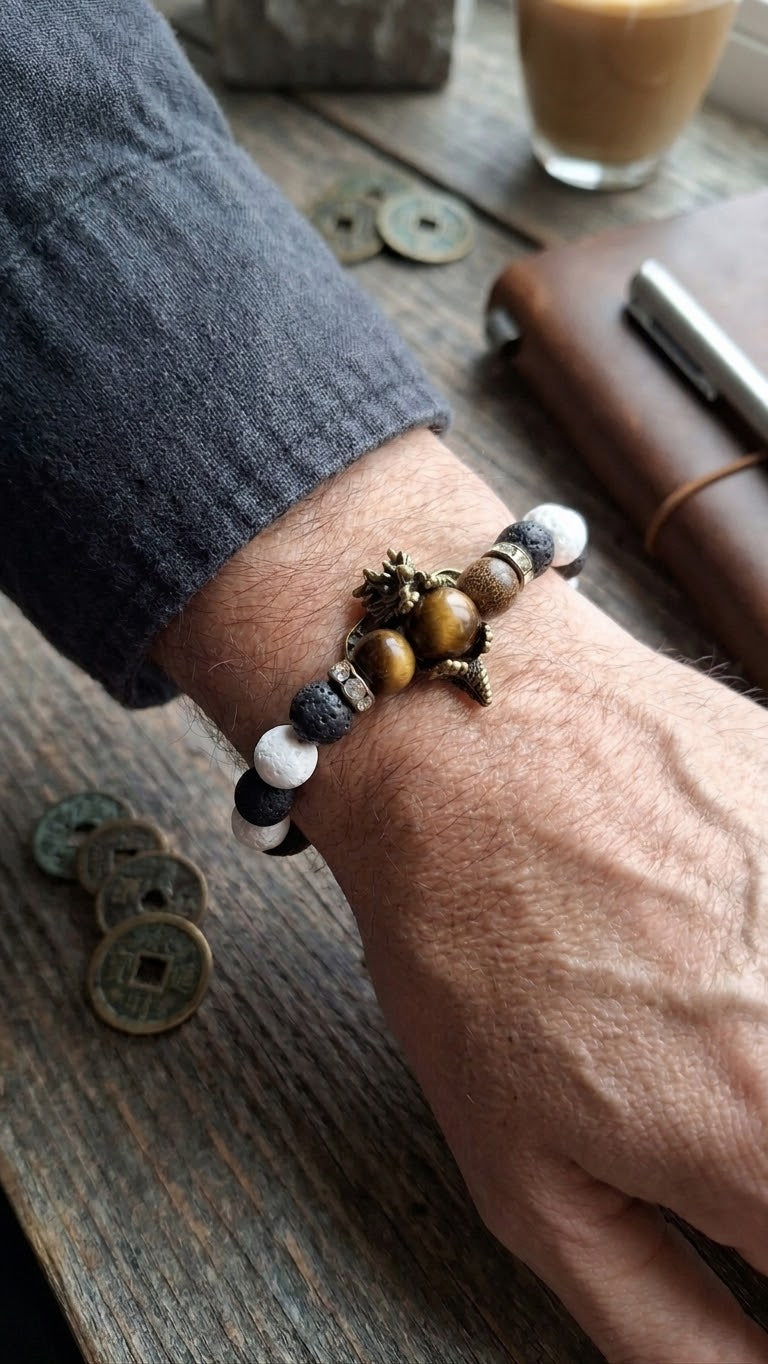 Bracelet réglable Dragon – Pierres de lave et œil de tigre