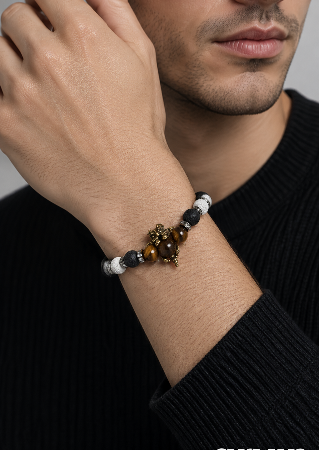 Bracelet réglable Dragon – Pierres de lave et œil de tigre