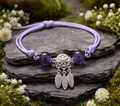 Bracelet Cordon Améthyste 8mm — Réglable, Plumes & Maille Argentée, Bohème
