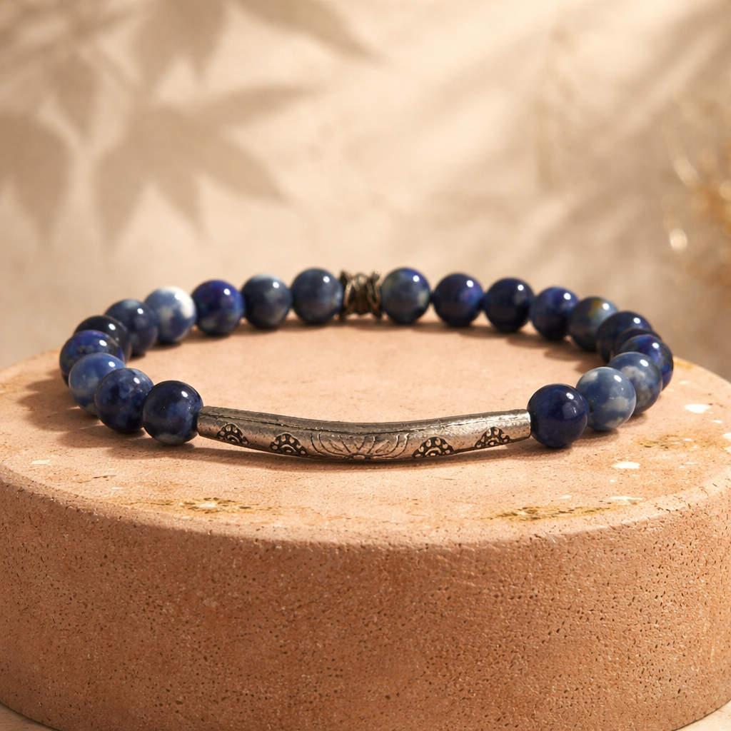 Bracelet Sodalite 6mm — Tube Fleuri Acier, Sérénité, Style Bohème Raffiné