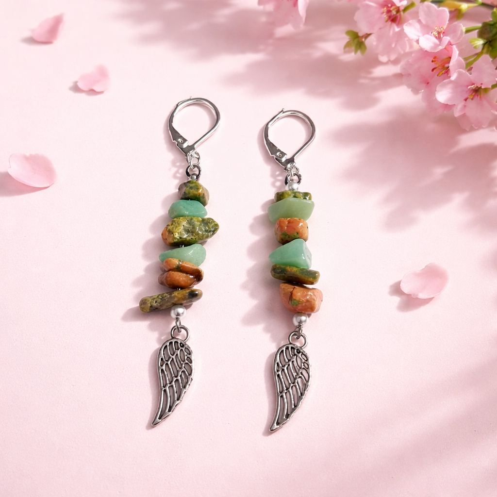 Boucles d'oreilles Unakite et Amazonite Chips — Pierres naturelles, Argent sterling