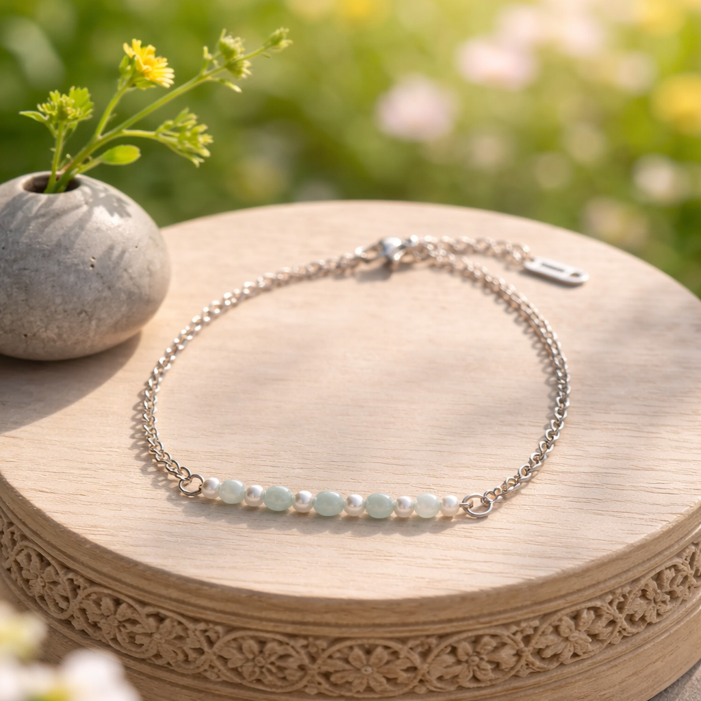 Bracelet Calcédoine Bleue & Nacre — Perles 4mm, Chaîne Acier inoxydable
