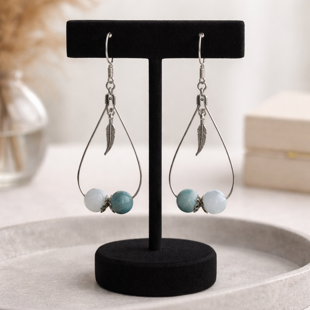 Boucles d'oreilles Apatite Bleue et Aigue Marine — Pierres naturelles, Acier inoxydable
