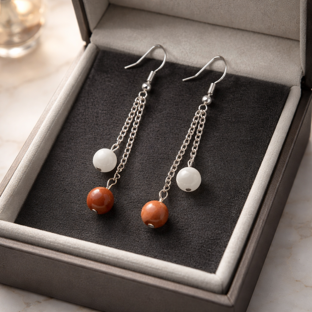 Boucles d'oreilles Jaspe Rouge et Opale — Pierres naturelles 8mm, Argent 925