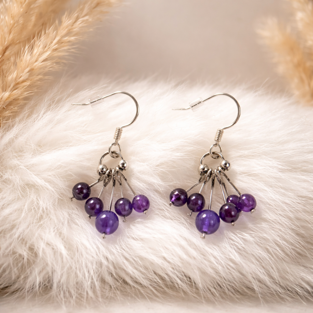 Boucles d'oreilles Améthyste — Perles 6mm, Argent 925 et Acier inoxydable