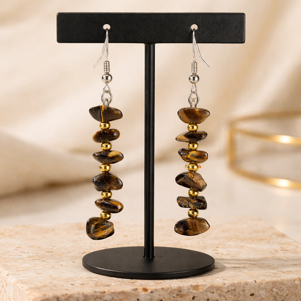 Boucles d'oreilles Œil de Tigre Chips — Pierre naturelle, Acier inoxydable