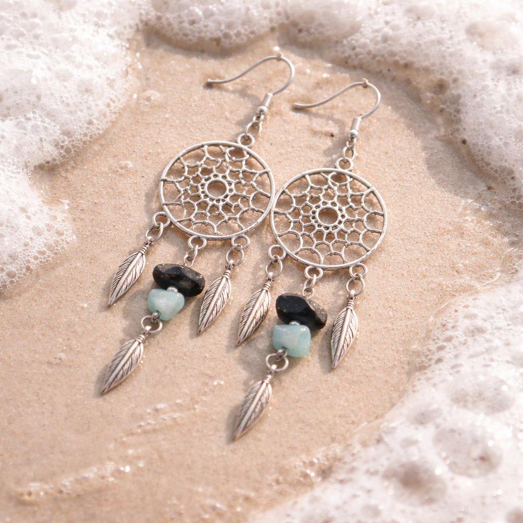 Boucles d'oreilles Pierre de Sable Bleu et Jade Bleue Chips — Attrape-rêves, Argent