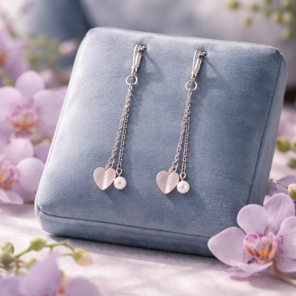 Boucles d'oreilles Quartz Rose — Cœurs, Argent 925