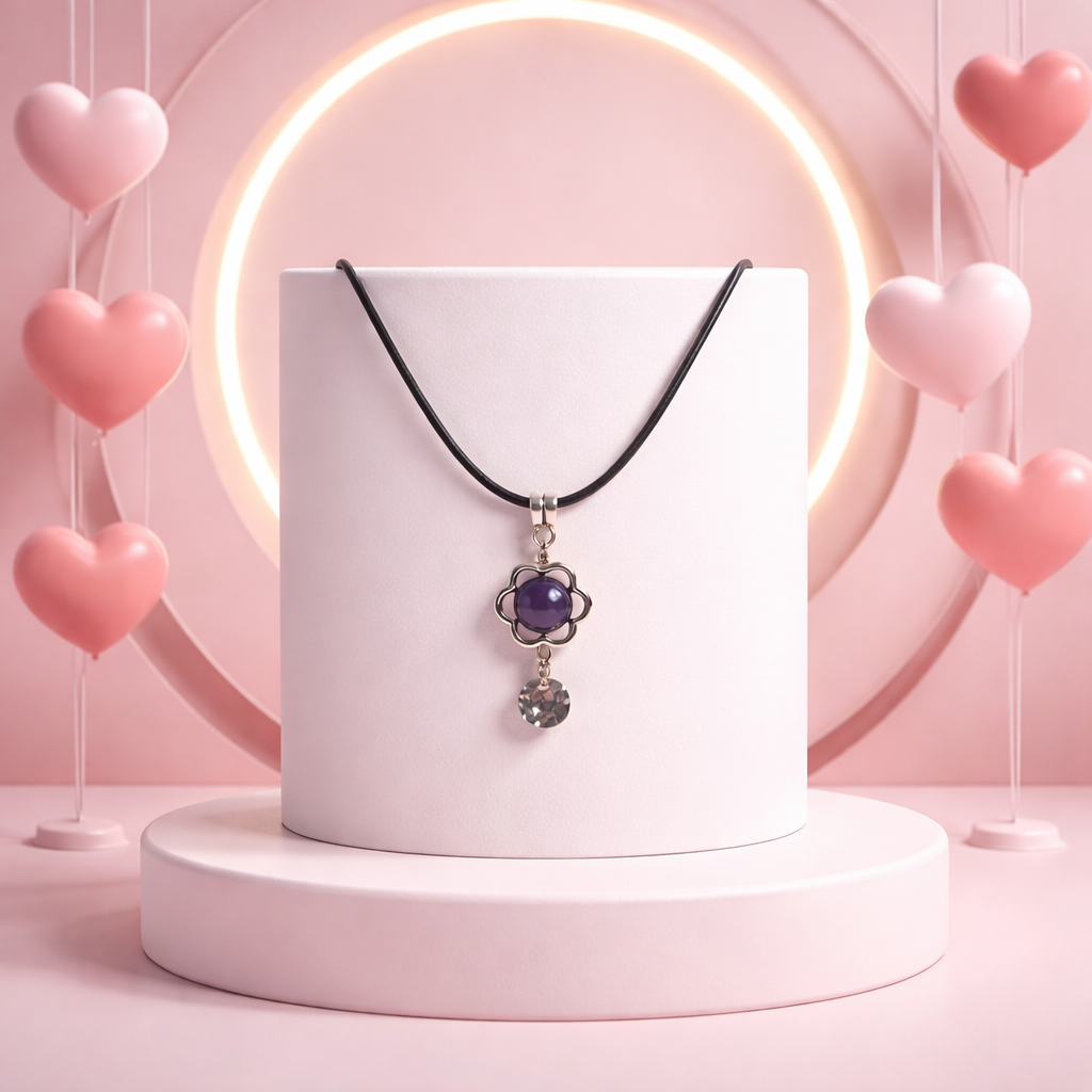 Collier Améthyste Chevronnée 8mm — Pendentif Acier, Cordon Réglable