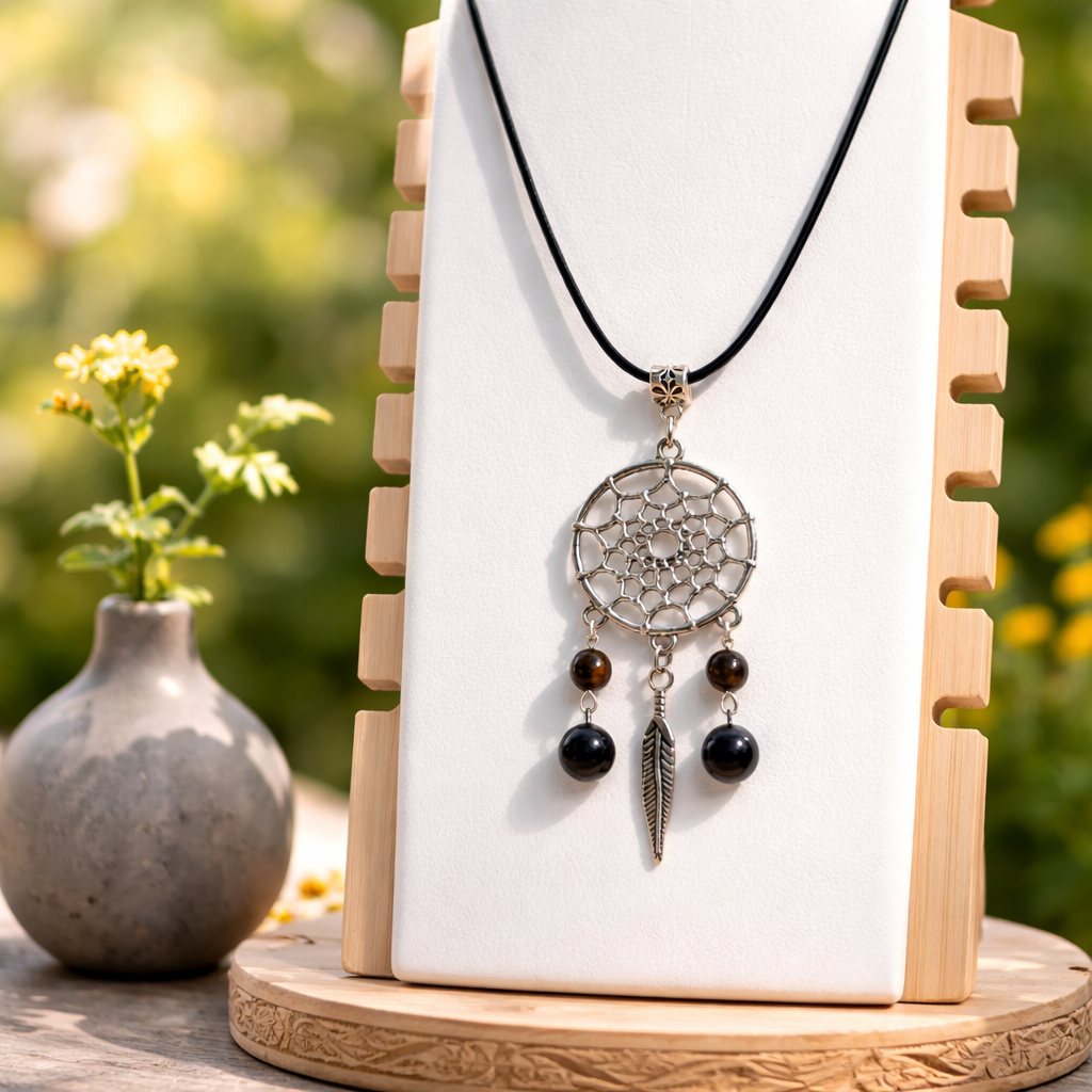 Collier Attrape-Rêves Œil de Tigre & Obsidienne Noire — Bouclier de Sagesse, Cordon Réglable