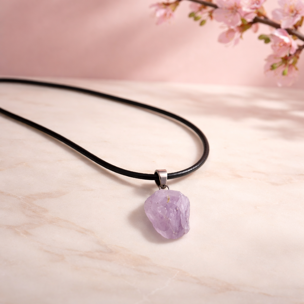 Collier Améthyste Brute — Pendentif Cristal Naturel, Cordon Cire & Chaîne Argentée