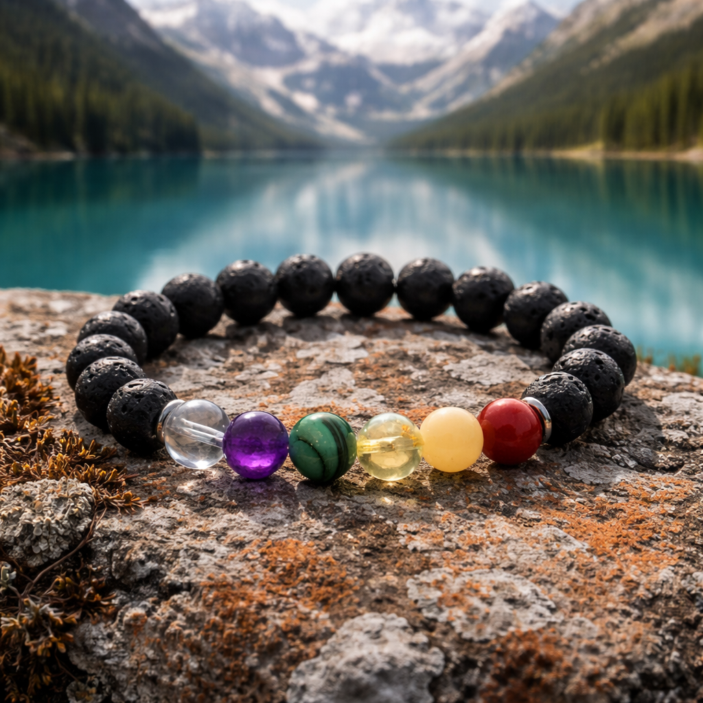 Bracelet 7 Chakras — Pierre de Lave 8mm, 7 couleurs naturelles