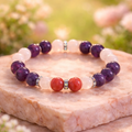 Bracelet Quartz Rose, Améthyste & Jaspe Rouge — Trio Bien-être, Métal Recyclé, 16cm
