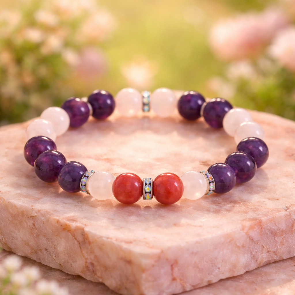Bracelet Quartz Rose, Améthyste & Jaspe Rouge — Trio Bien-être, Métal Recyclé, 16cm