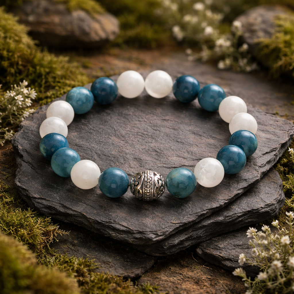 Bracelet Apatite Bleue et Nacre — Perles naturelles 8mm, Acier inoxydable