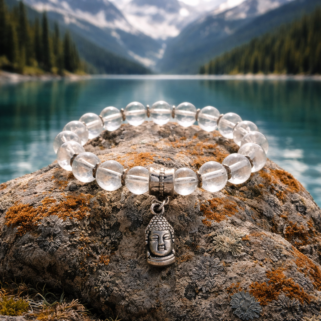 Bracelet Cristal de Roche 8mm — Breloque Bouddha, Clarté Mentale & Sérénité