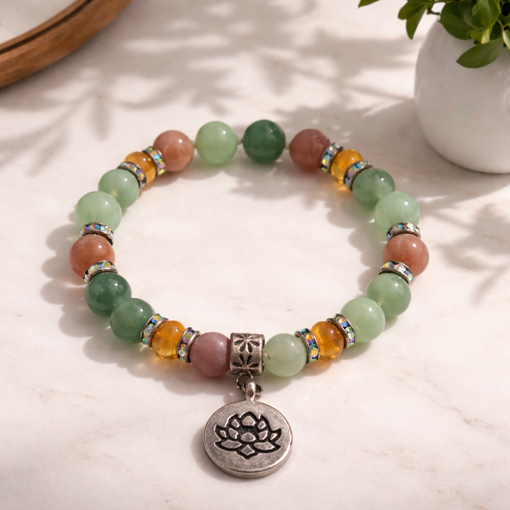 Bracelet Aventurine Verte, Pierre de Soleil & Ambre — Fleur de Lotus, Bohème