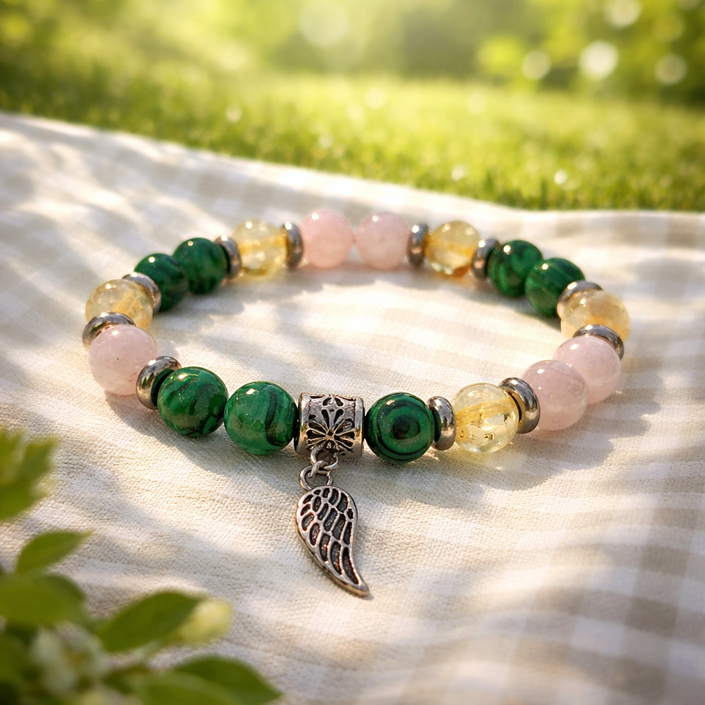 Bracelet Malachite, Citrine & Quartz Rose 8mm — Breloque Plume, Optimisme & Amour