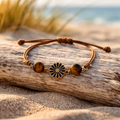 Bracelet Cordon Œil de Tigre 8mm — Confiance en Soi, Breloque Fleur, Réglable