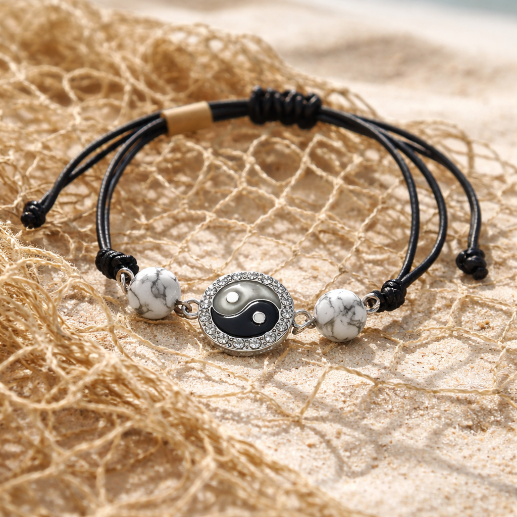 Bracelet Cordon Howlite 8mm — Motif Yin Yang, Réglable, Style Bohème
