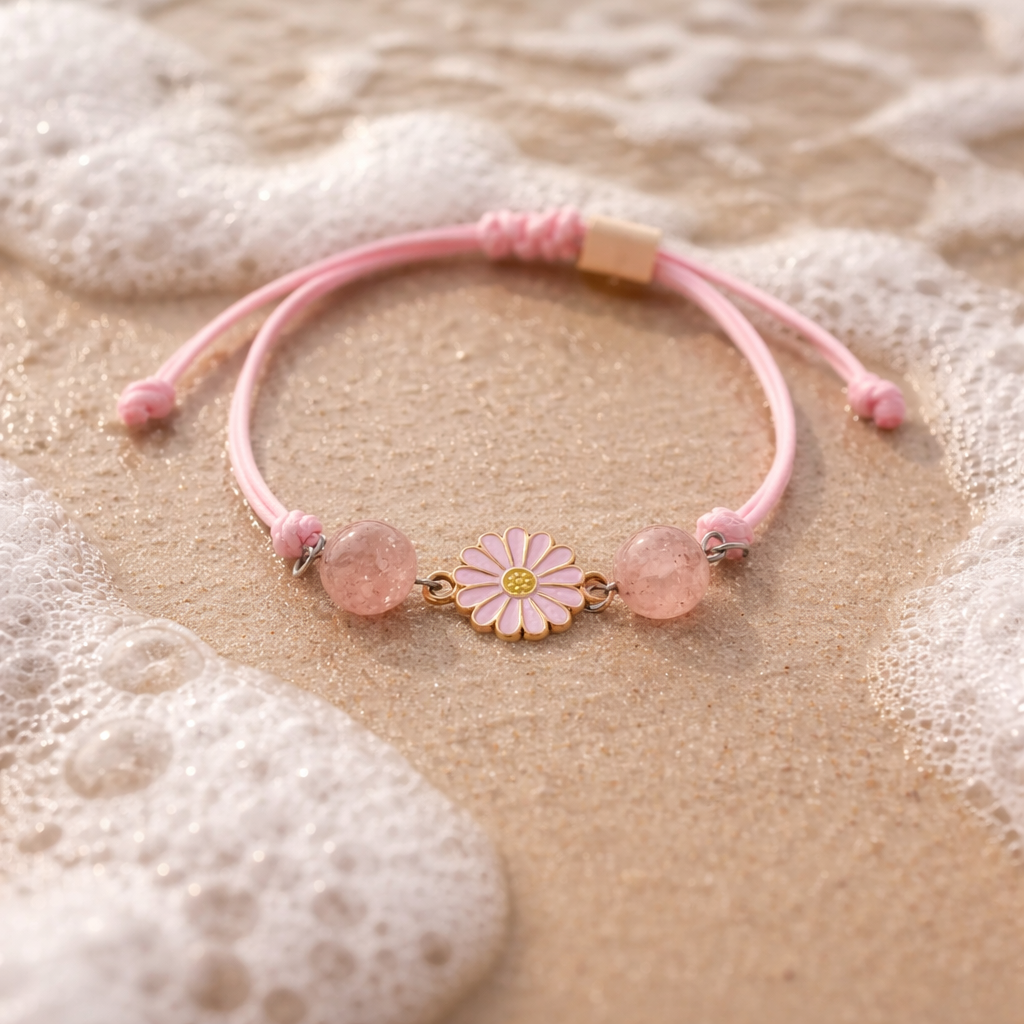 Bracelet Cordon Quartz Rose 8mm — Breloque Fleur, Réglable, Amour & Sérénité