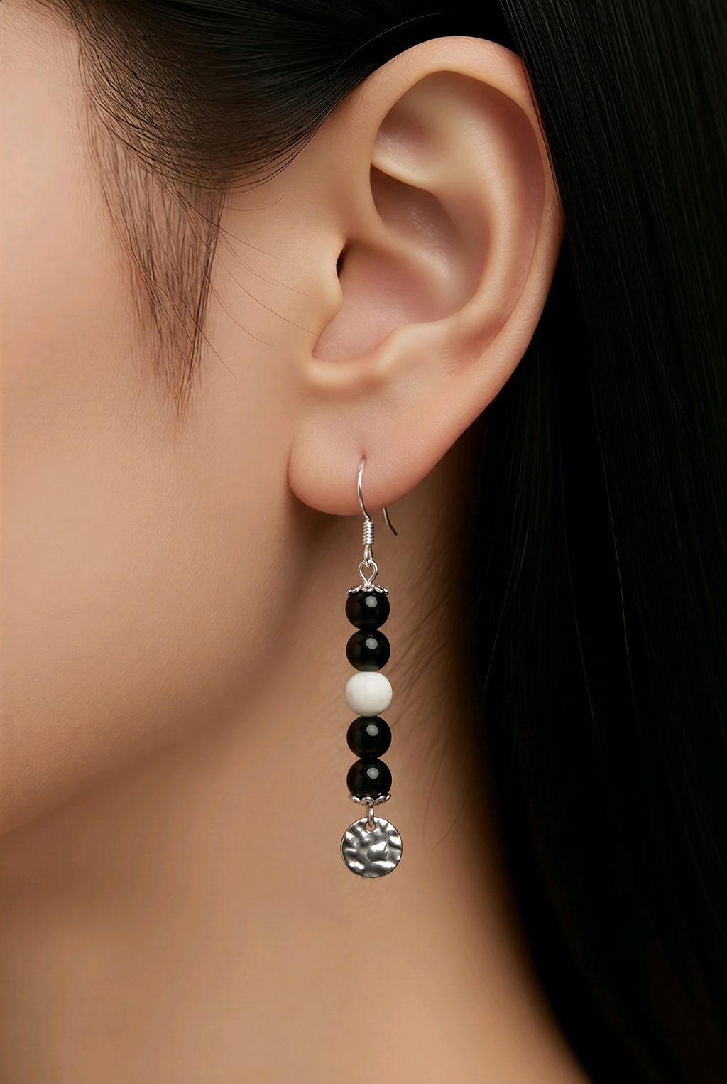 Boucles d'oreilles Obsidienne Noire et Howlite — Pierres naturelles 6mm, Argent 925
