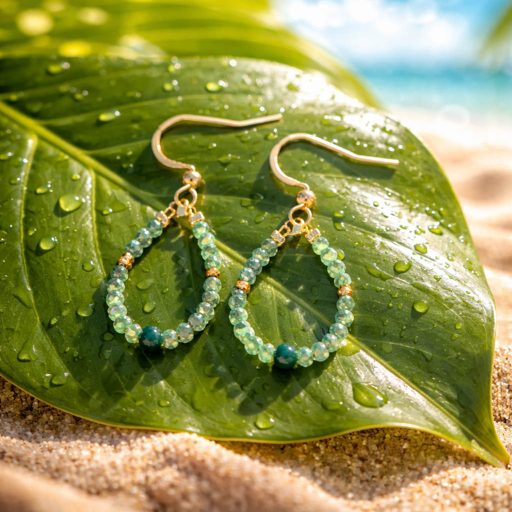 Boucles d'oreilles Jade Vert Émeraude — Pierre naturelle, Plaqué or 18k