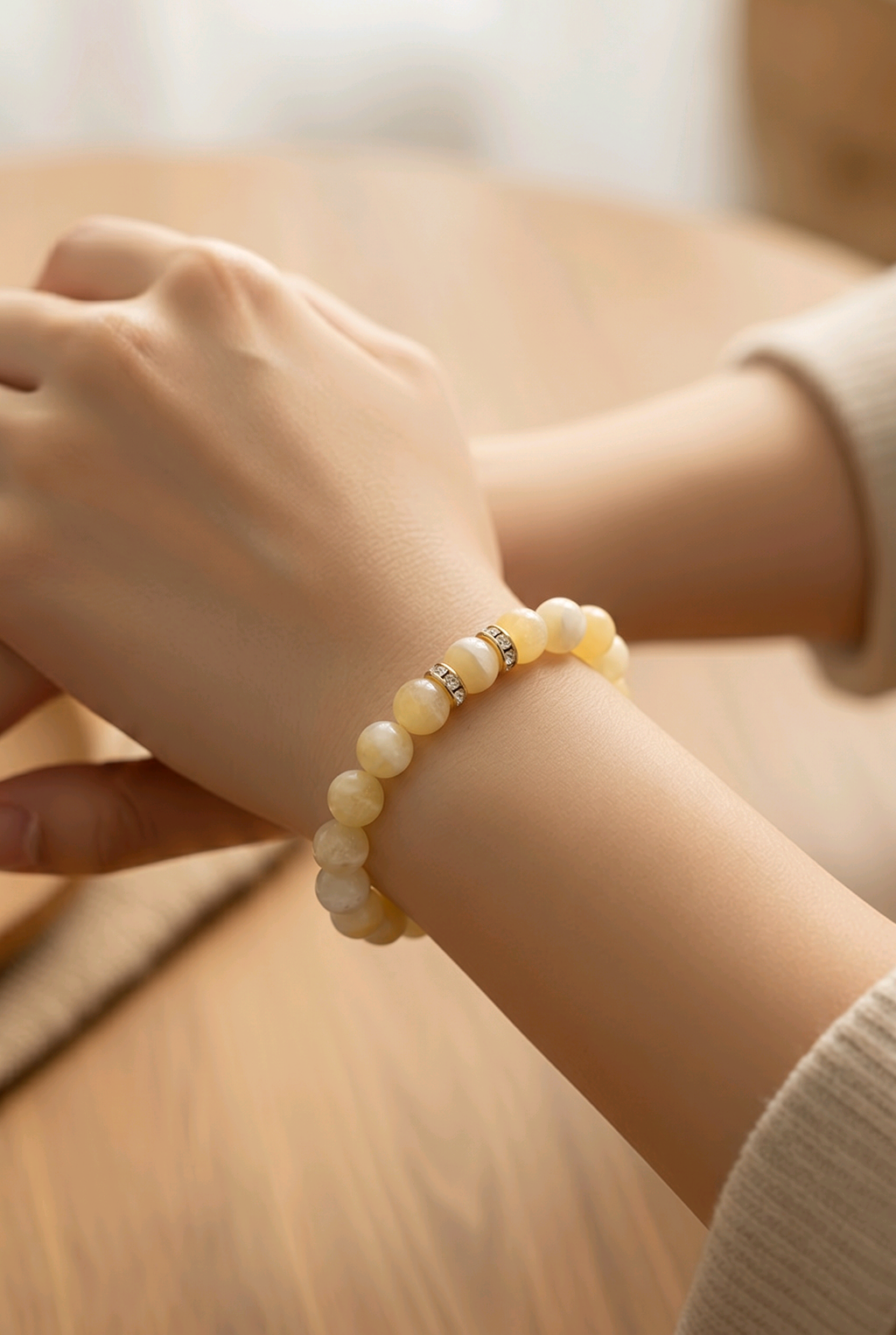 Bracelet Calcite 8mm — Pierre du Bonheur, Perles Dorées Strass, Style Bohème
