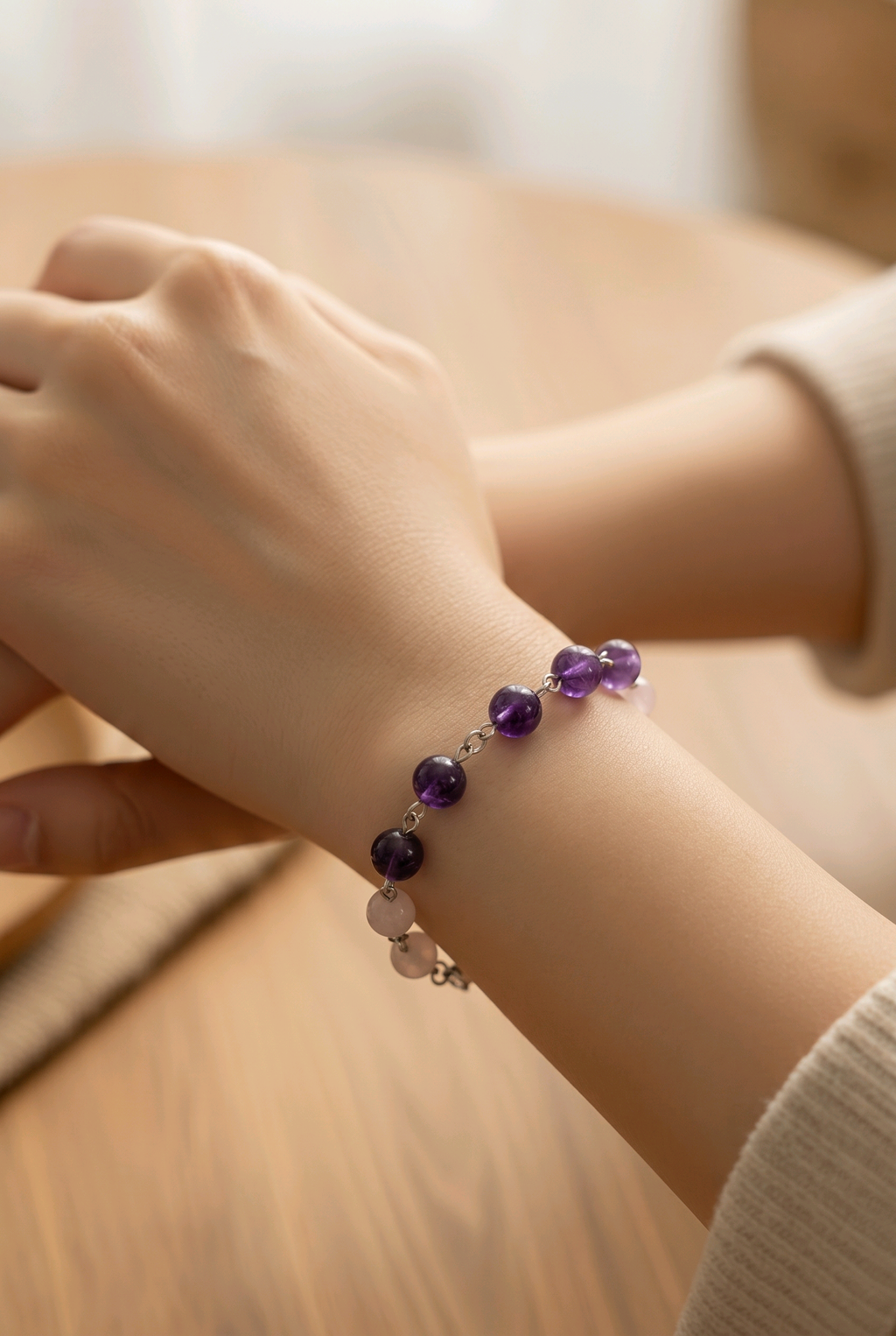 Bracelet Améthyste et Quartz Rose — Pierres naturelles 6mm, Argent 925