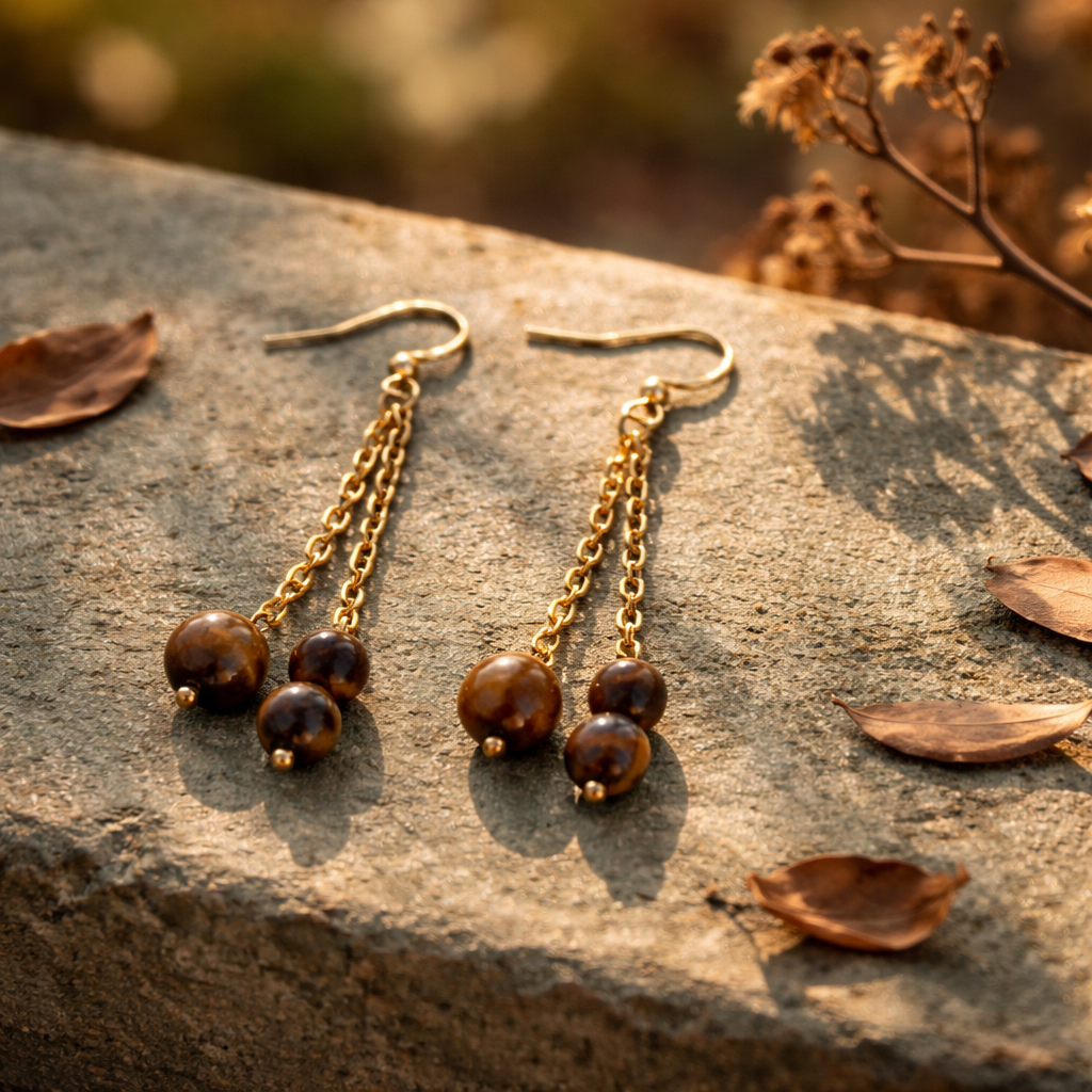 Boucles d'oreilles Œil de Tigre Chips — Pierre naturelle, Acier inoxydable