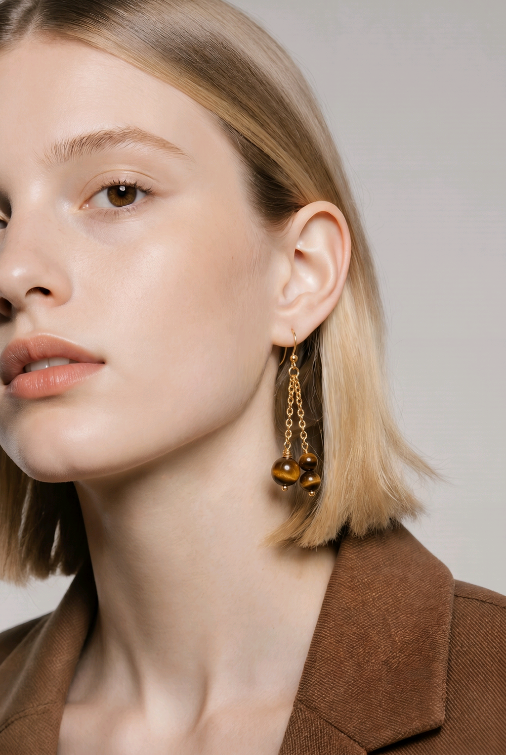 Boucles d'oreilles Œil de Tigre Chips — Pierre naturelle, Acier inoxydable