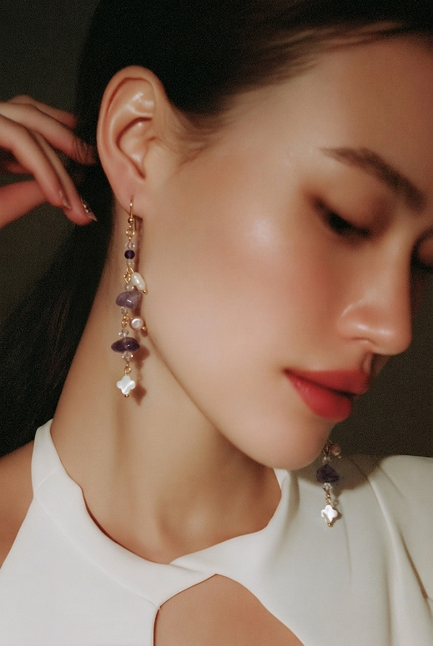 Boucles d'oreilles Améthyste Nacre de coquillage et Perles d'eau Chips.