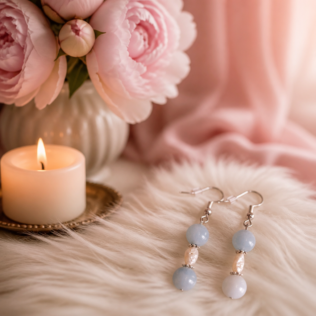 Boucles d'oreilles en Aigue Marine et Perles d'eau Douce.