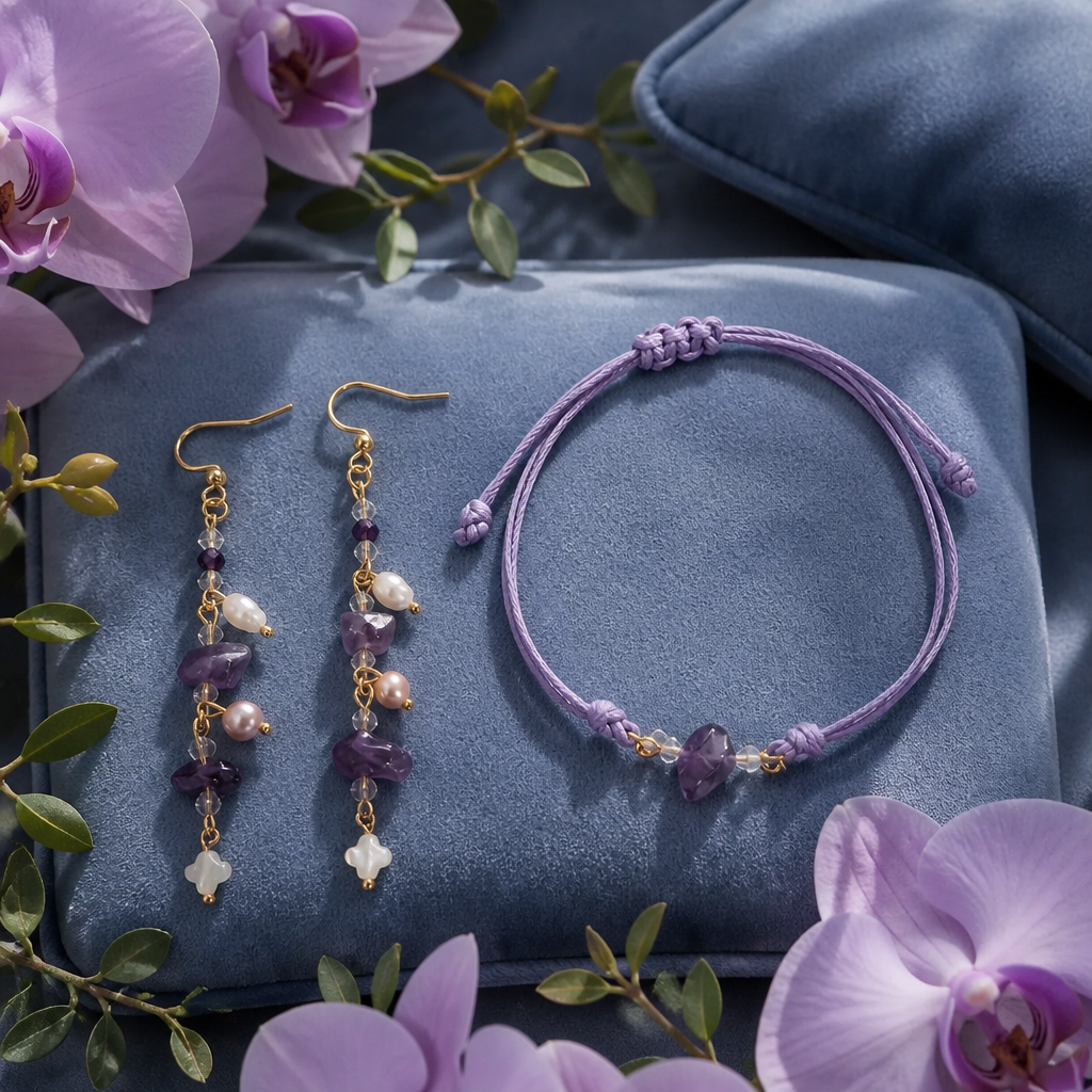 Parure Améthyste et Perles d'eau.