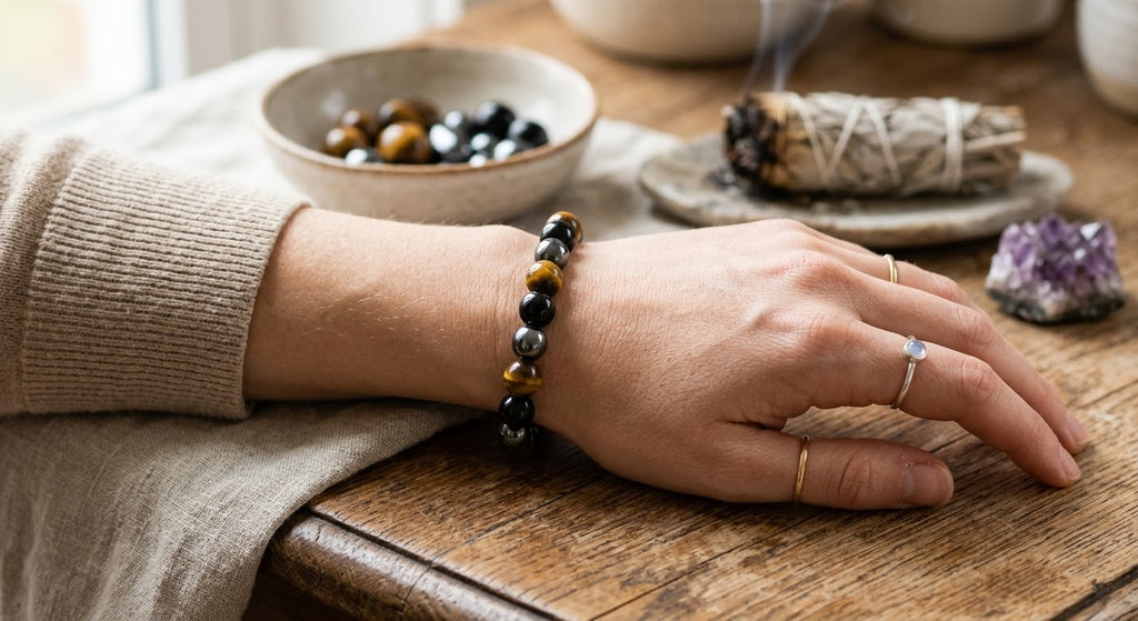 Bracelet hématite, obsidienne et œil de tigre 8 mm
