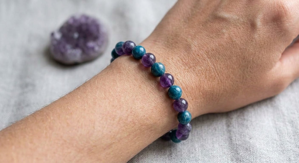 Bracelet apatite bleue et améthyste