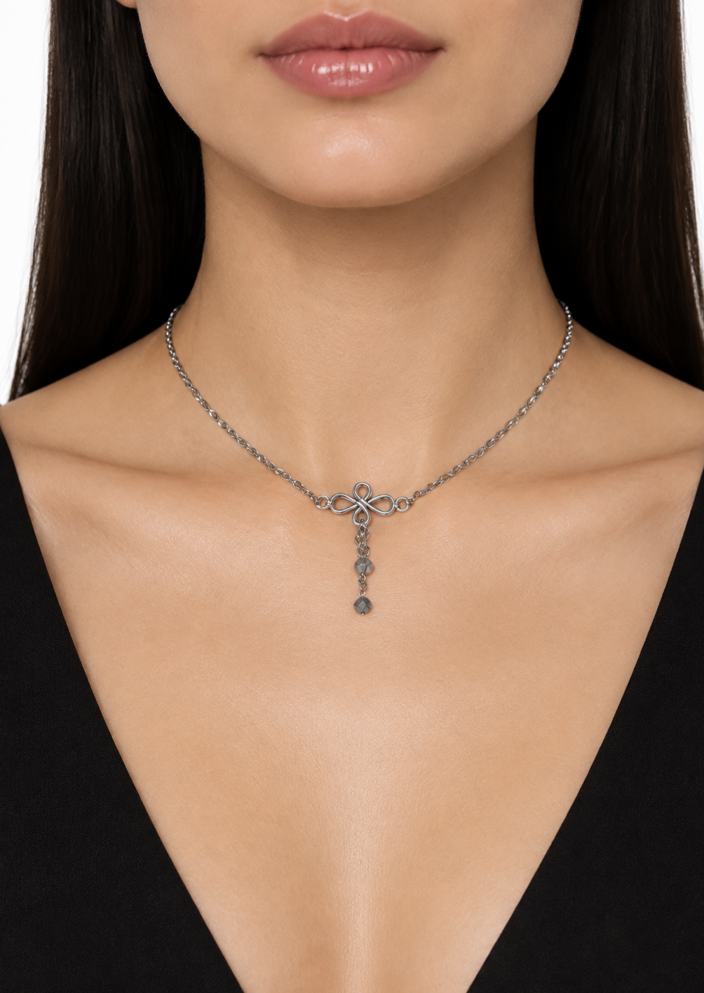 Ras de cou Labradorite facettée et boucles doubles infini, chaîne acier inoxydable réglable