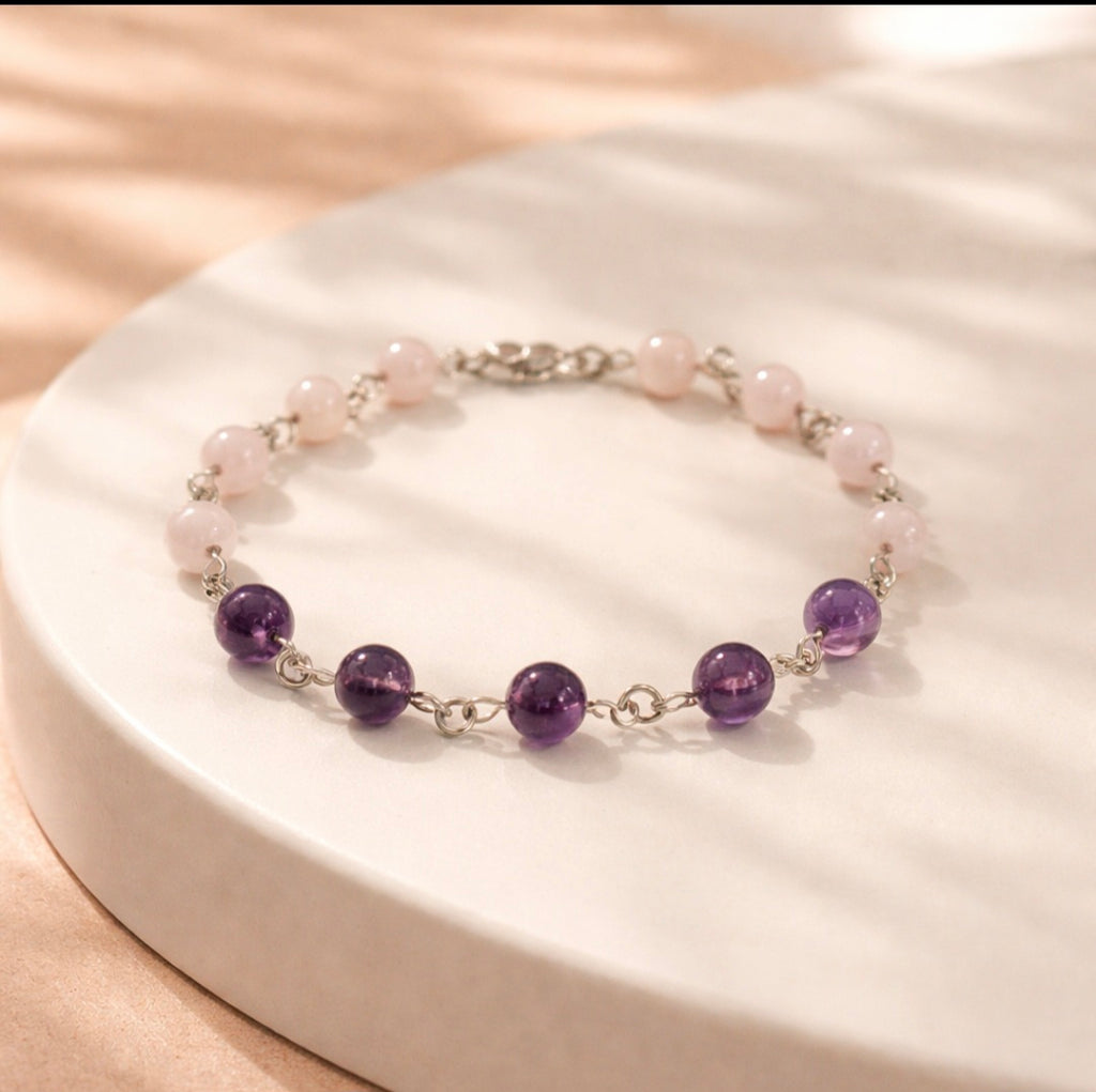 Bracelet Améthyste et Quartz Rose — Pierres naturelles 6mm, Argent 925