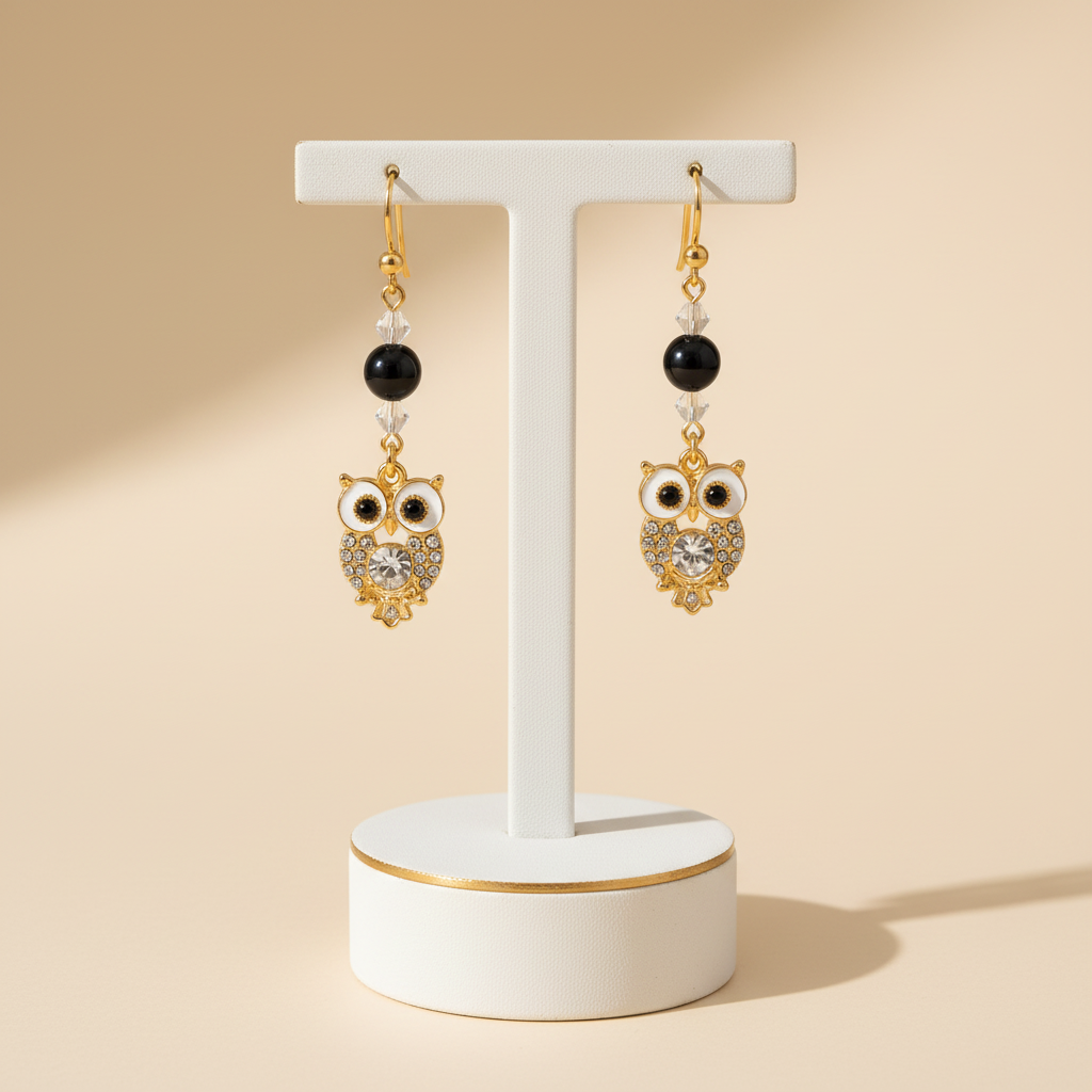 Boucles d’oreilles hibou et obsidienne sur présentoir blanc et doré