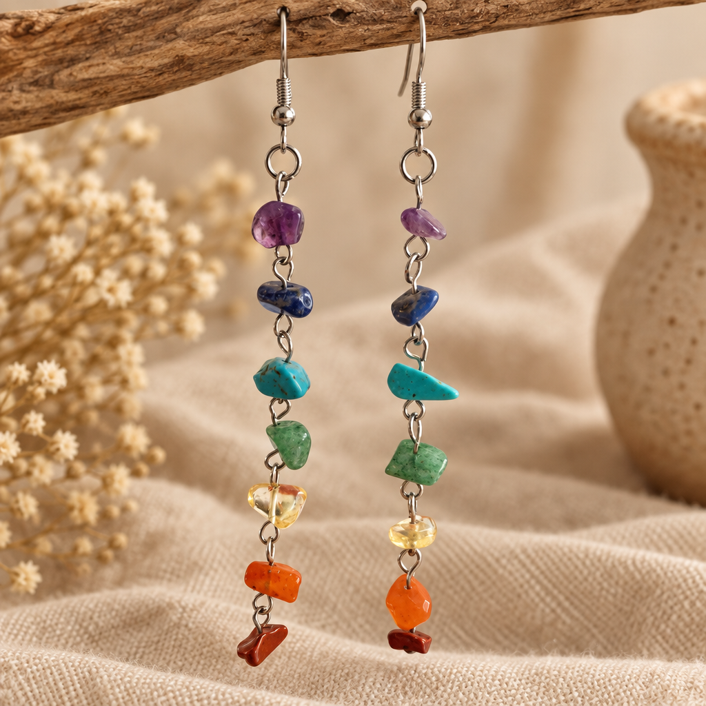 Boucles d'oreilles chips 7 chakras, mise en scène