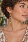 Boucles d'oreilles chips 7 chakras portées par une femme aux cheveux courts