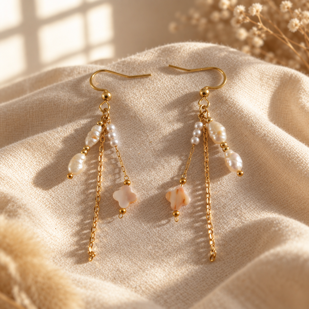 Boucles d'oreilles pendantes en perles d'eau douce, mise en scène