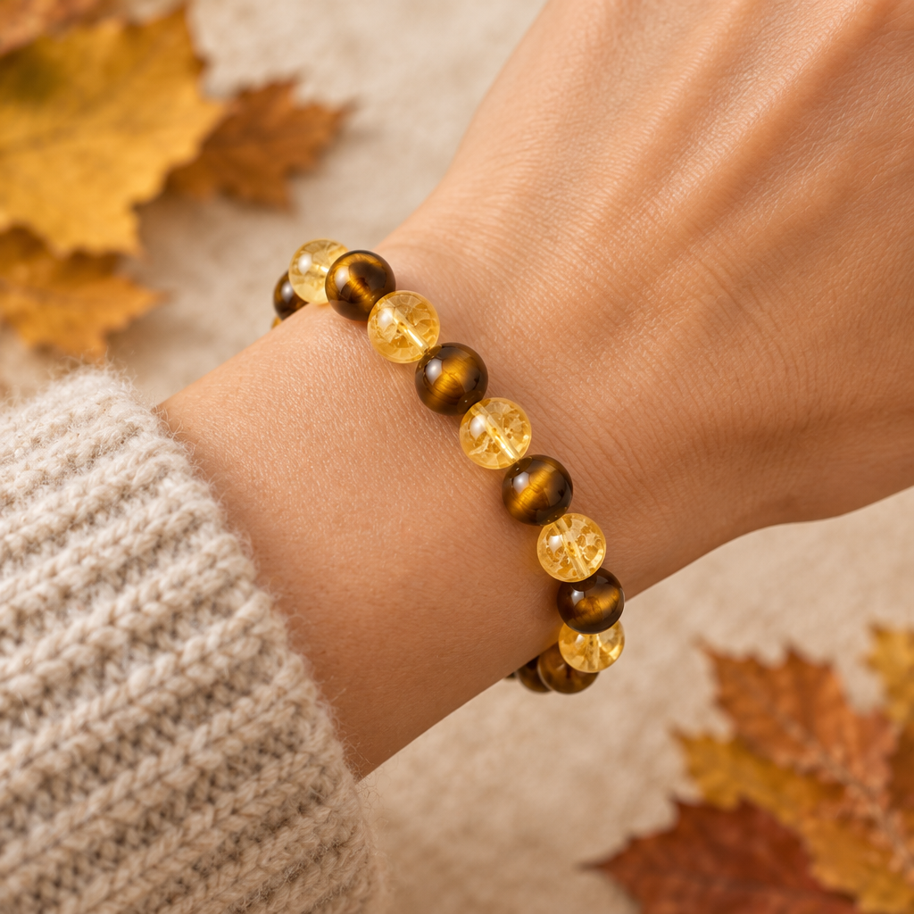 Bracelet citrine et œil de tigre porté au poignet