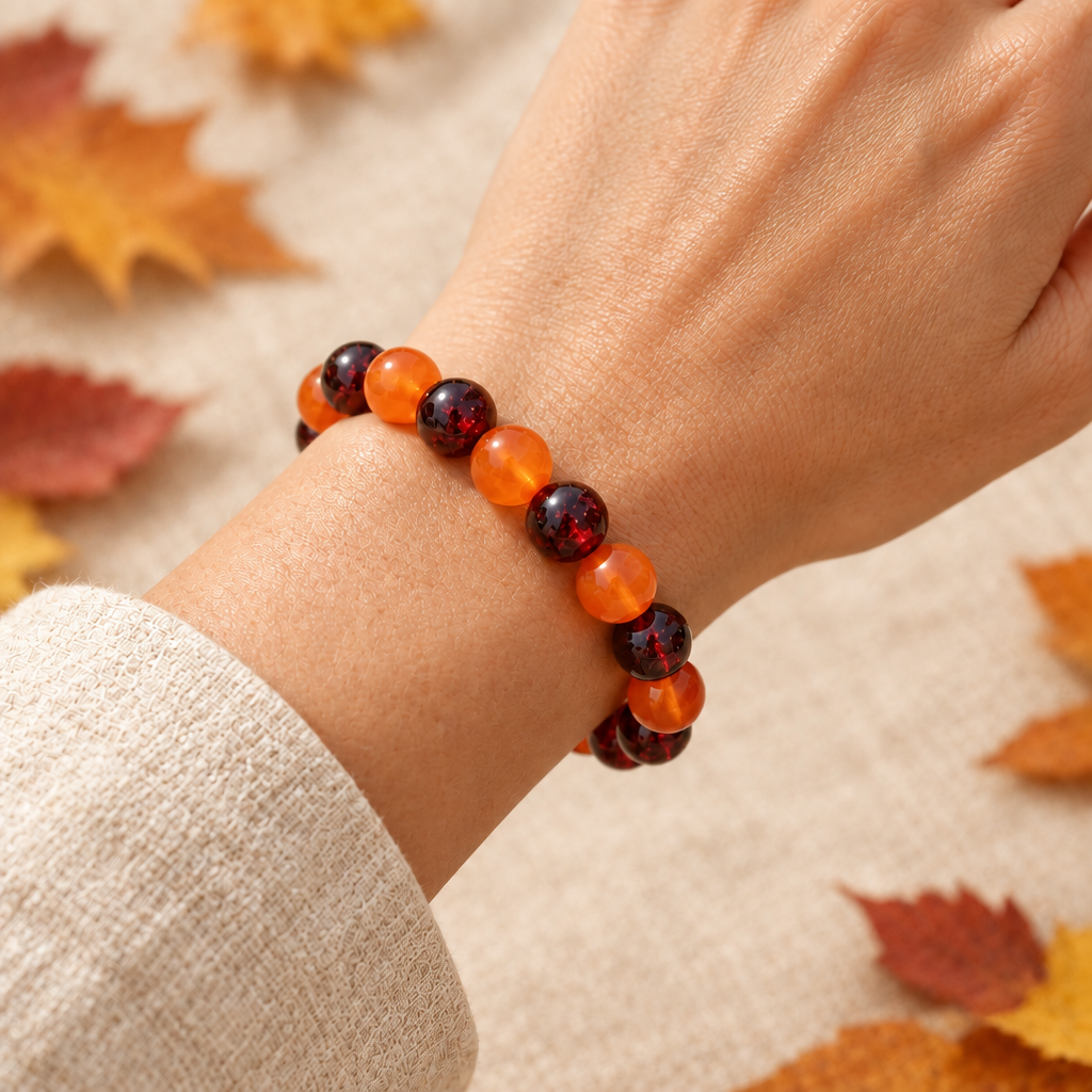Bracelet porté au poignet sur fond de feuilles d’automne