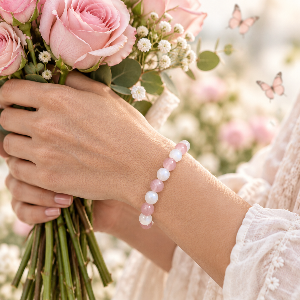Bracelet quartz rose et pierre de lune porté avec un bouquet de roses