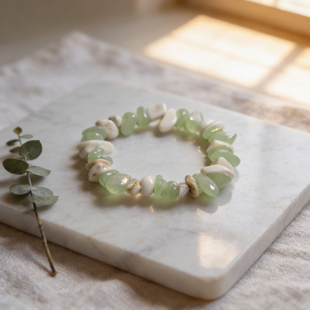 Bracelet Calcédoine Verte & Magnésite Blanche — Chips naturelles, Style Bohème