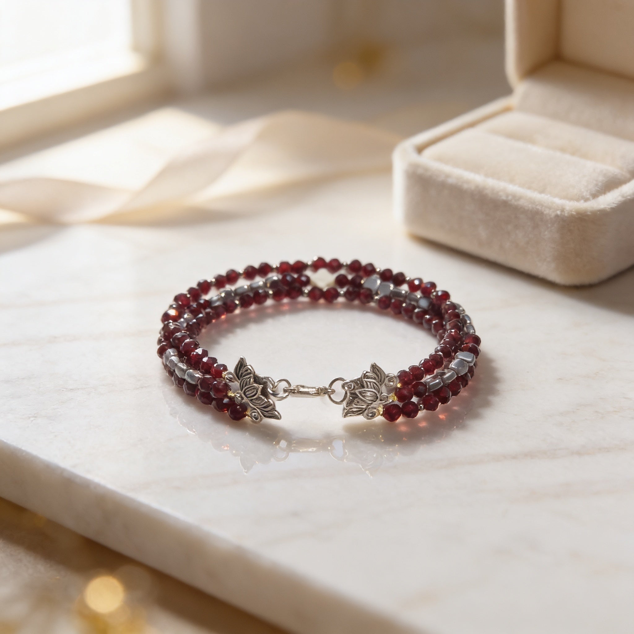 Bracelet Grenat, Hématite et Nacre.