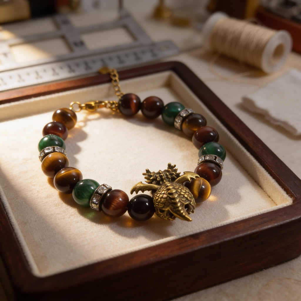Bracelet œil de tigre 8 et 10 mm avec dragon